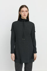 Quilted Trim Stand-Collar Viscose Tunic - Anthracite