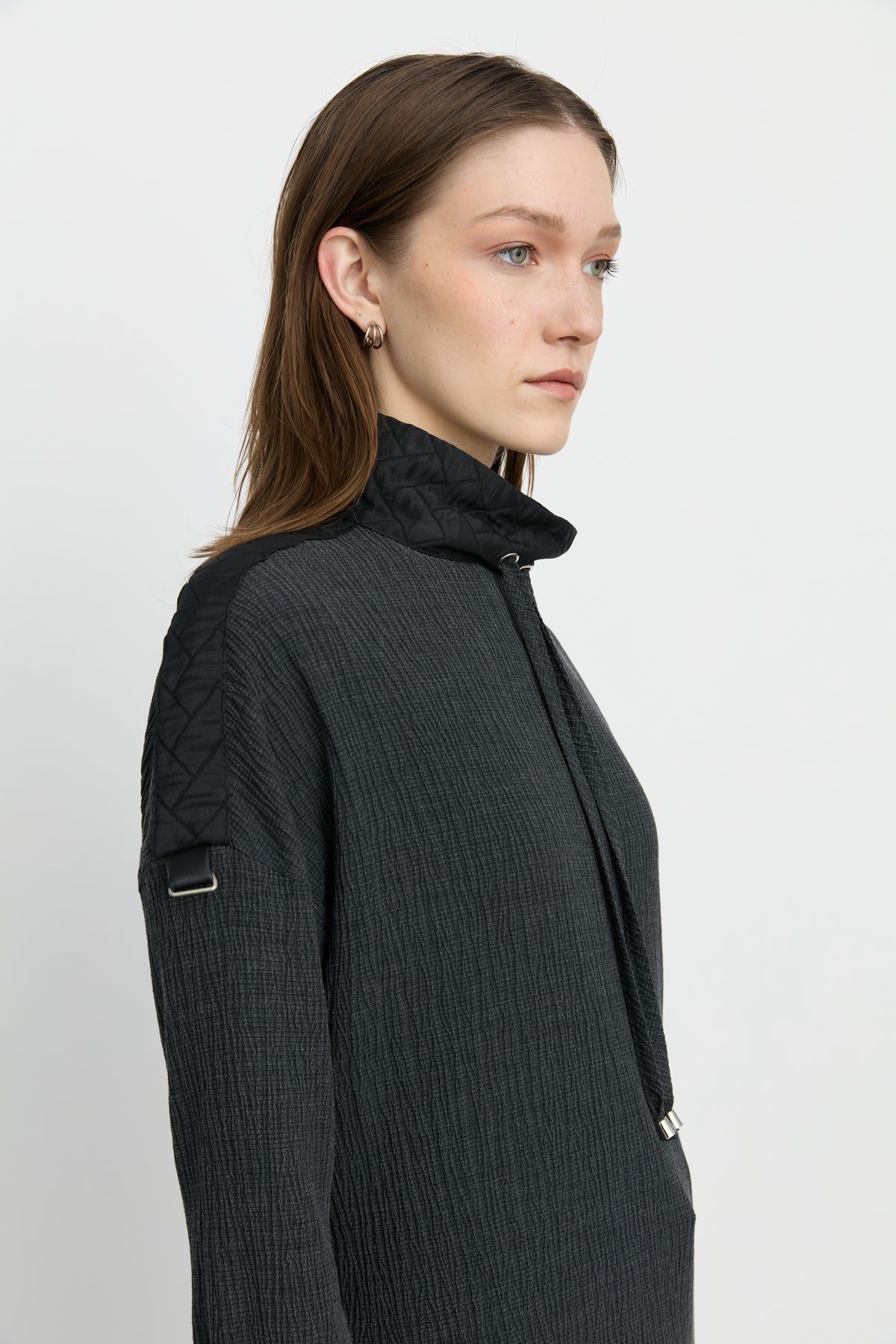 Quilted Trim Stand-Collar Viscose Tunic - Anthracite
