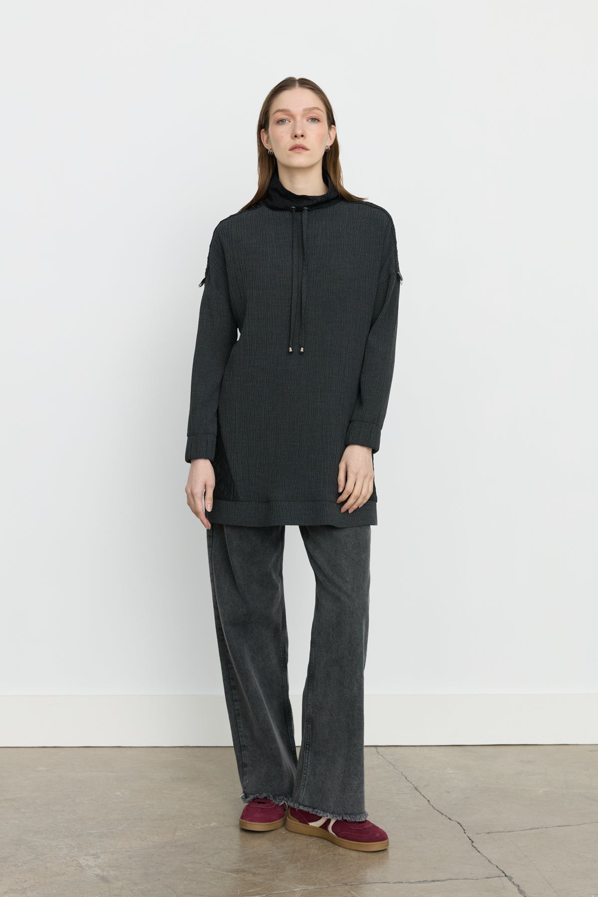 Quilted Trim Stand-Collar Viscose Tunic - Anthracite