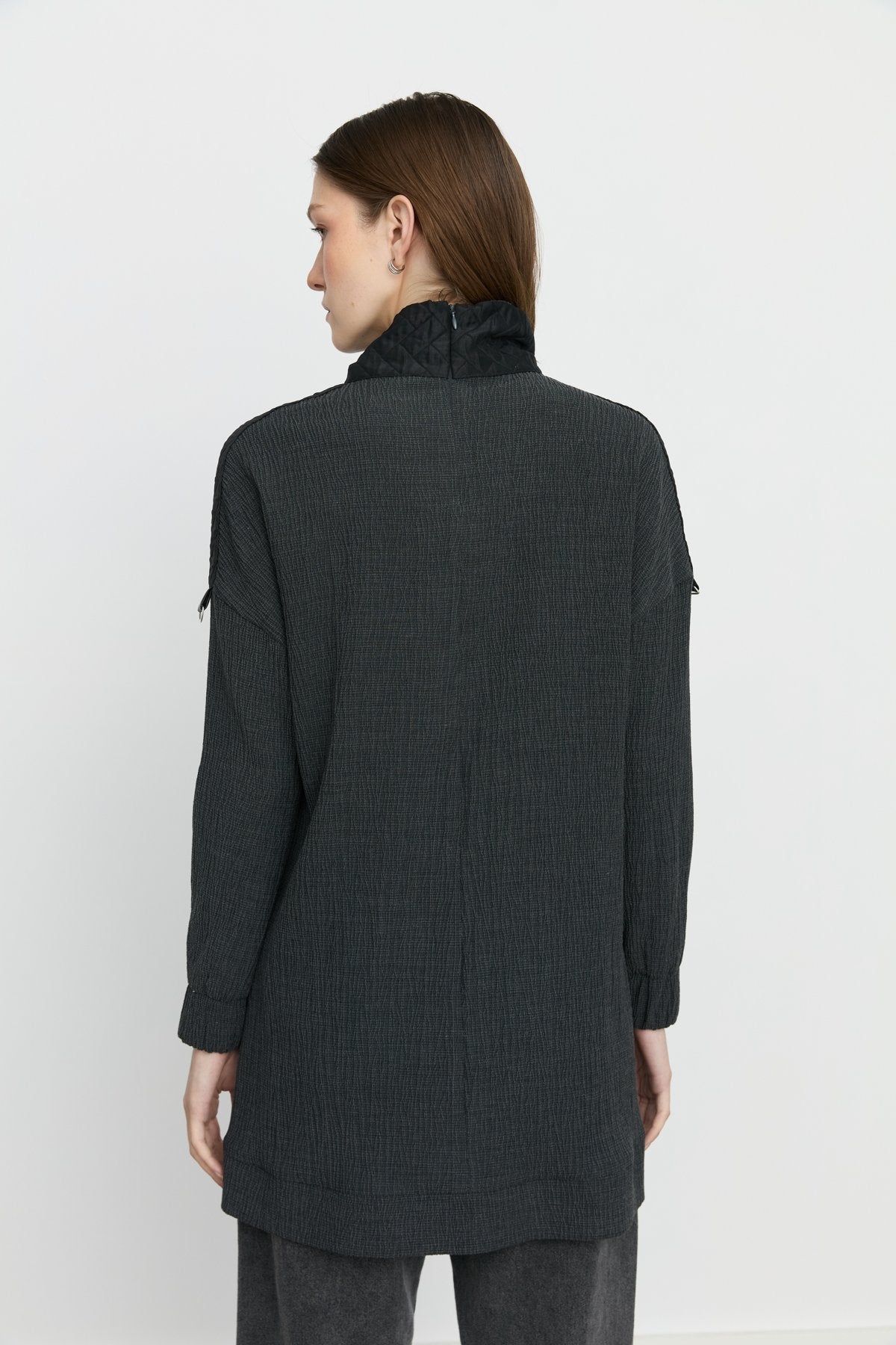 Quilted Trim Stand-Collar Viscose Tunic - Anthracite