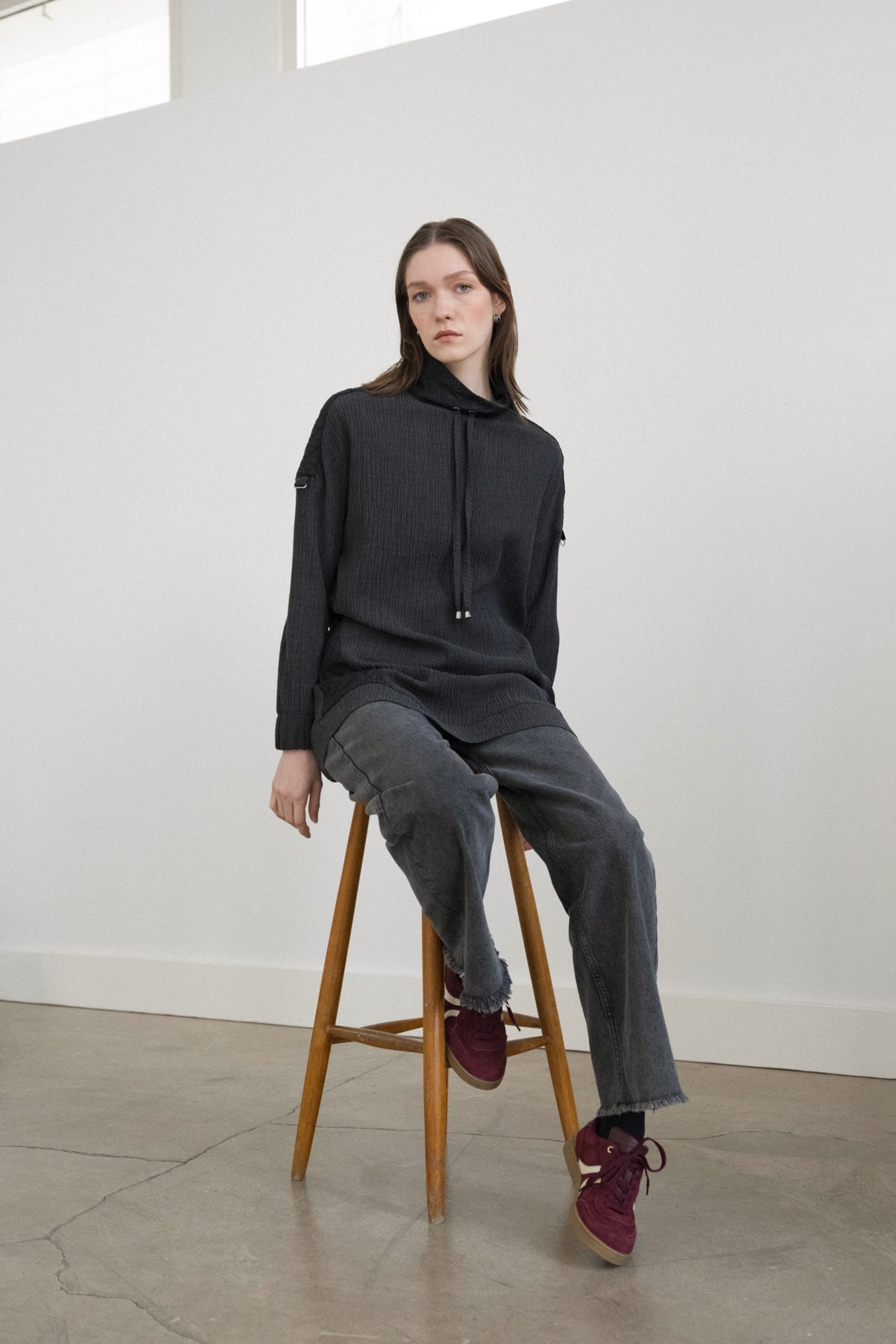 Quilted Trim Stand-Collar Viscose Tunic - Anthracite
