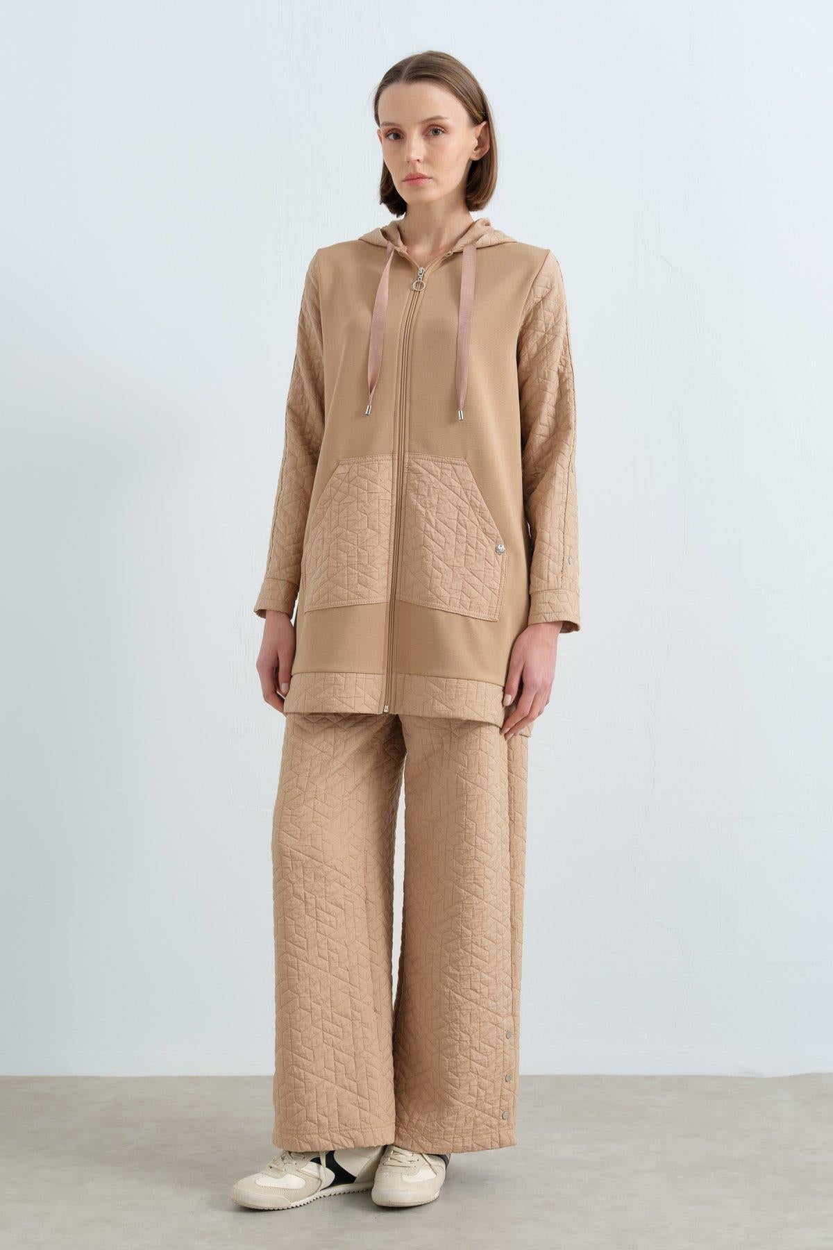 Kapitone Mixli Pantolon Giy-Çık Takım - Camel