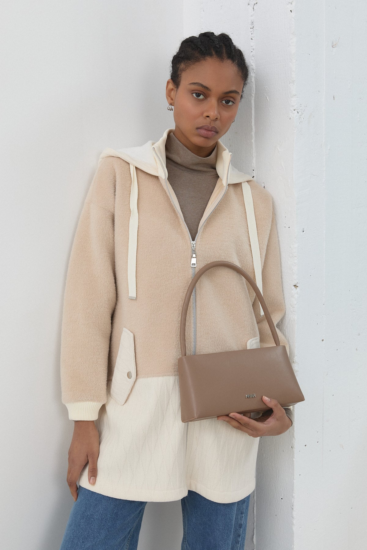 Hooded Angora Coat - Beige