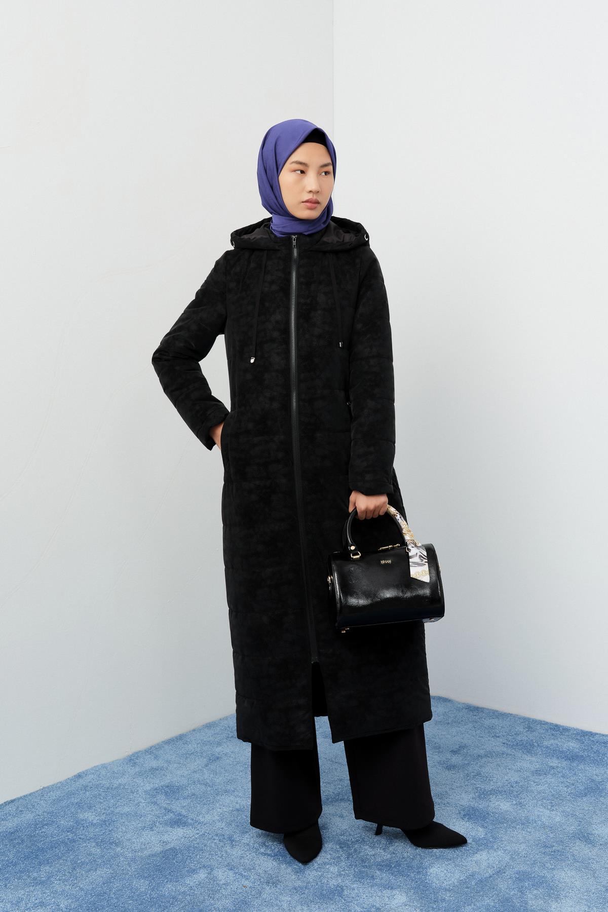 Hooded Quilted Coat - Black