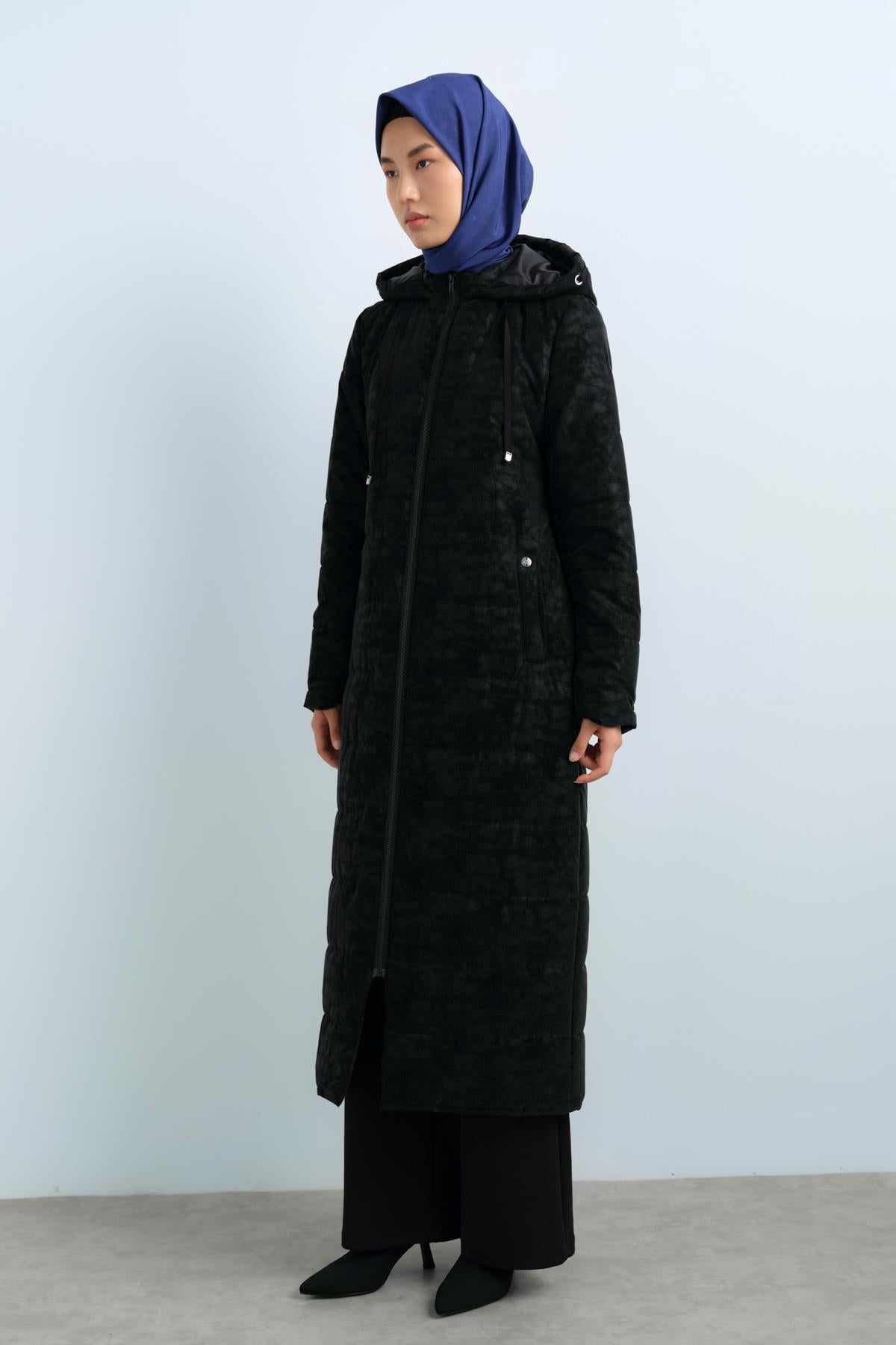 Hooded Quilted Coat - Black