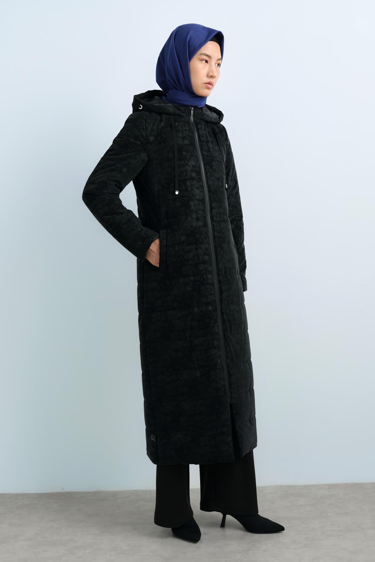 Hooded Quilted Coat - Black