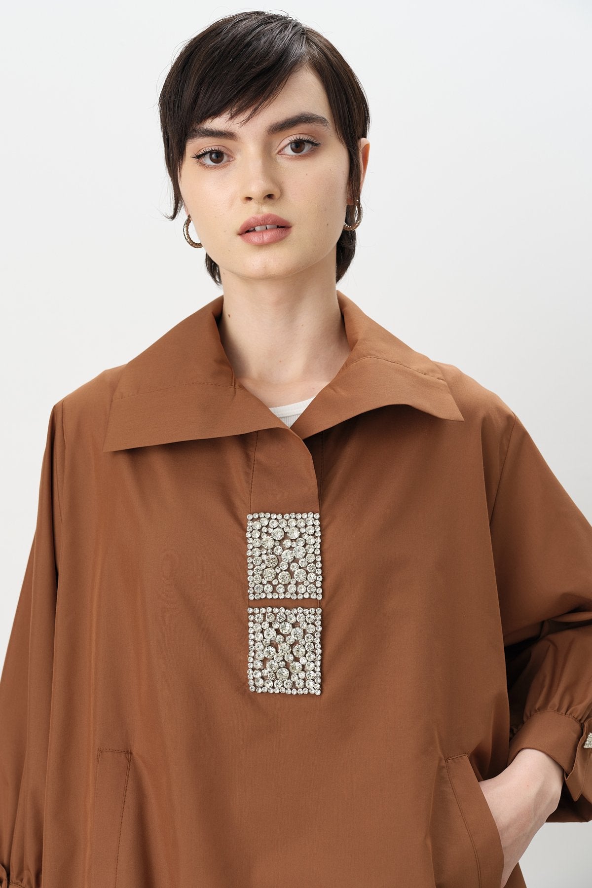 Square Embellished Cotton Tunic Shirt - Chocolate