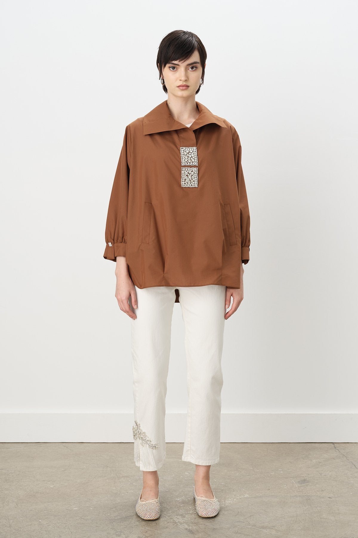 Square Embellished Cotton Tunic Shirt - Chocolate