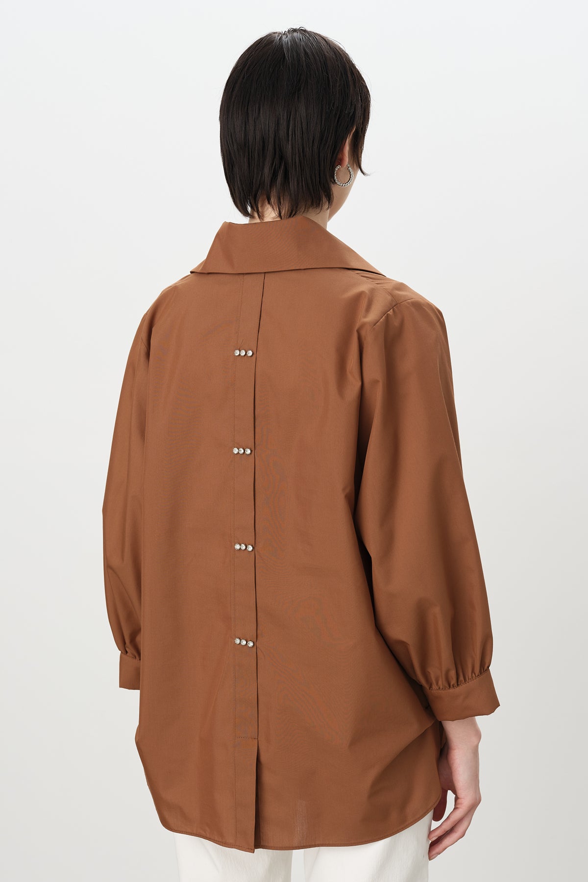 Square Embellished Cotton Tunic Shirt - Chocolate