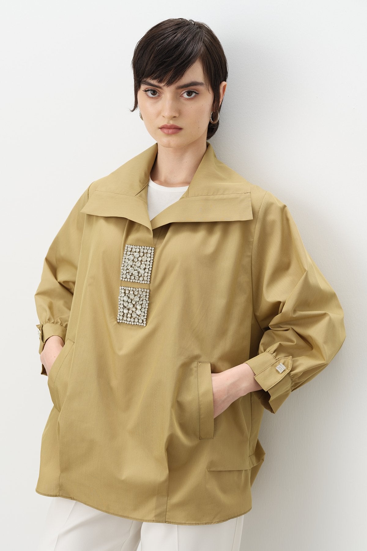 Square Embellished Shirt Cotton Tunic - Thyme