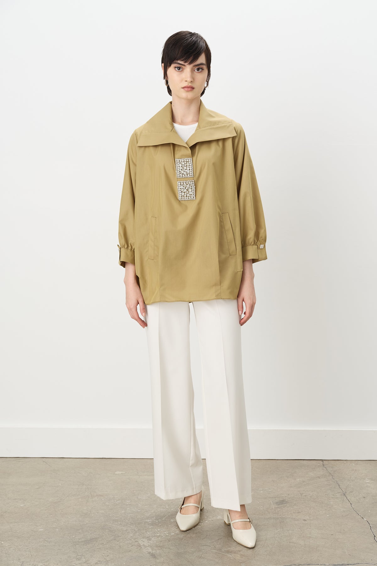 Square Embellished Shirt Cotton Tunic - Thyme