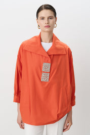 Square Embellished Shirt Cotton Tunic - Orange