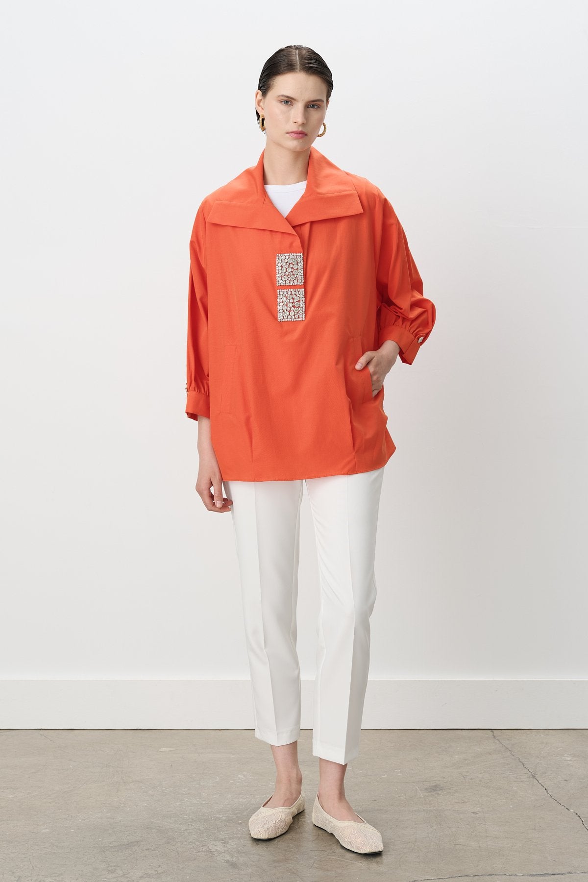 Square Embellished Shirt Cotton Tunic - Orange