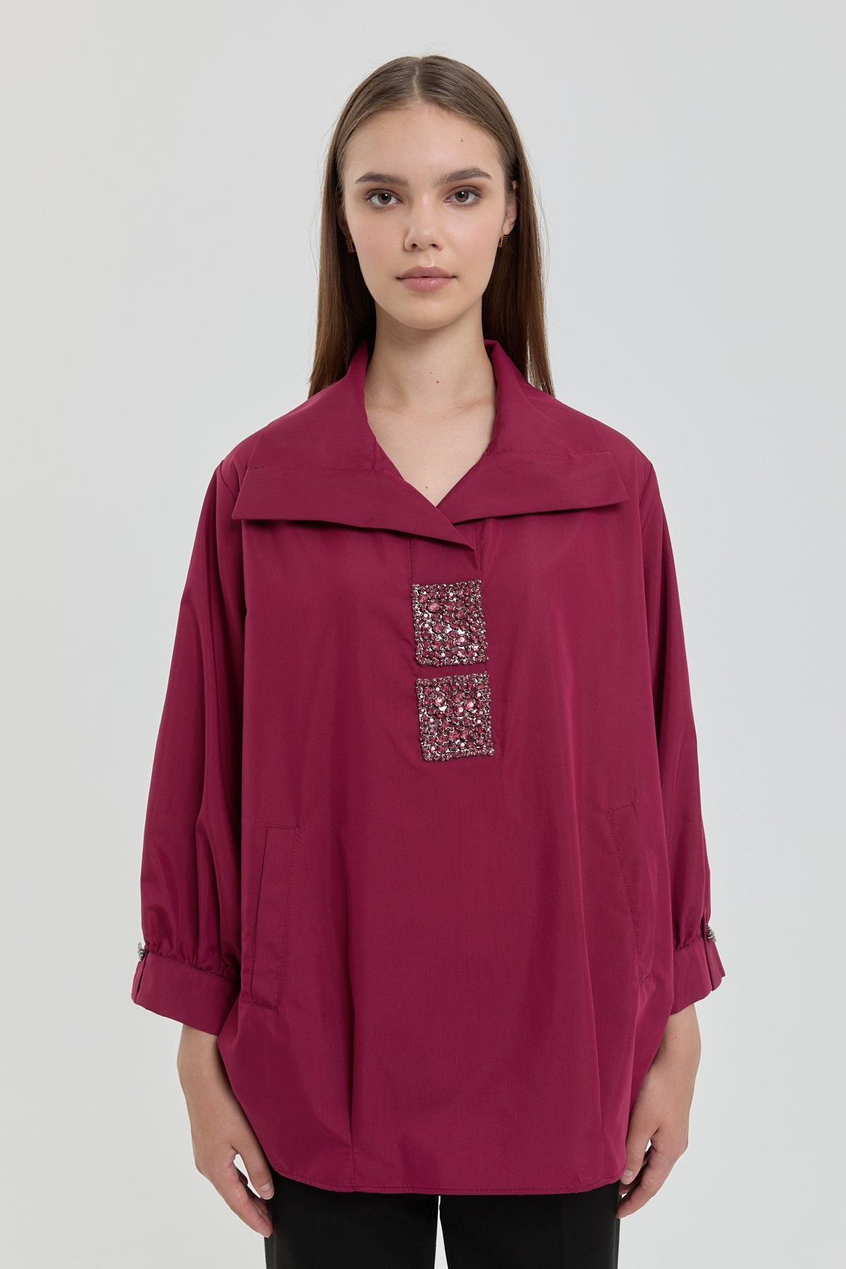 Kare Taşlı Gömlek Tunik - Bordo