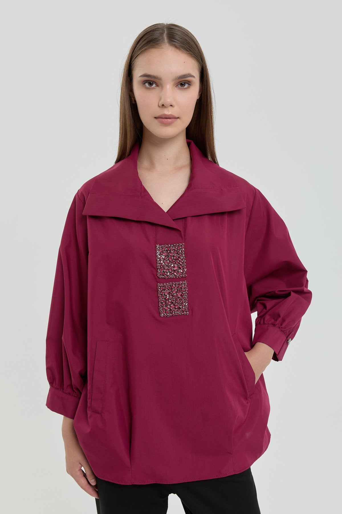 Kare Taşlı Gömlek Tunik - Bordo