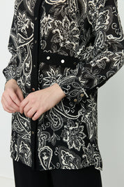 Patterned Tunic with Belt Detail - Black