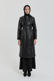 Leather Jacket with Belt Detail and Zipper Closure - Black