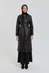 Leather Jacket with Belt Detail and Zipper Closure - Black