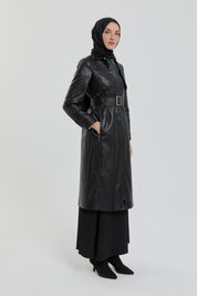 Leather Jacket with Belt Detail and Zipper Closure - Black