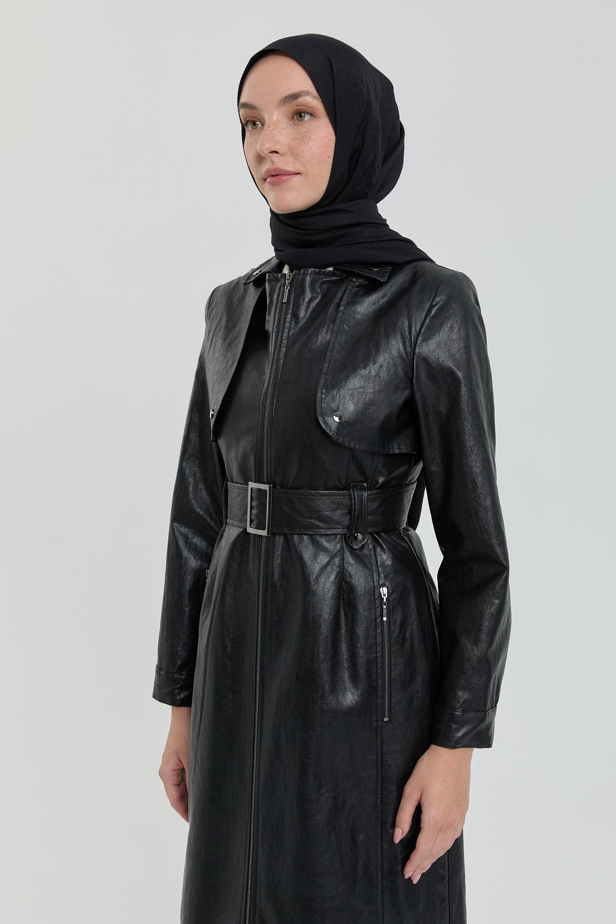 Leather Jacket with Belt Detail and Zipper Closure - Black