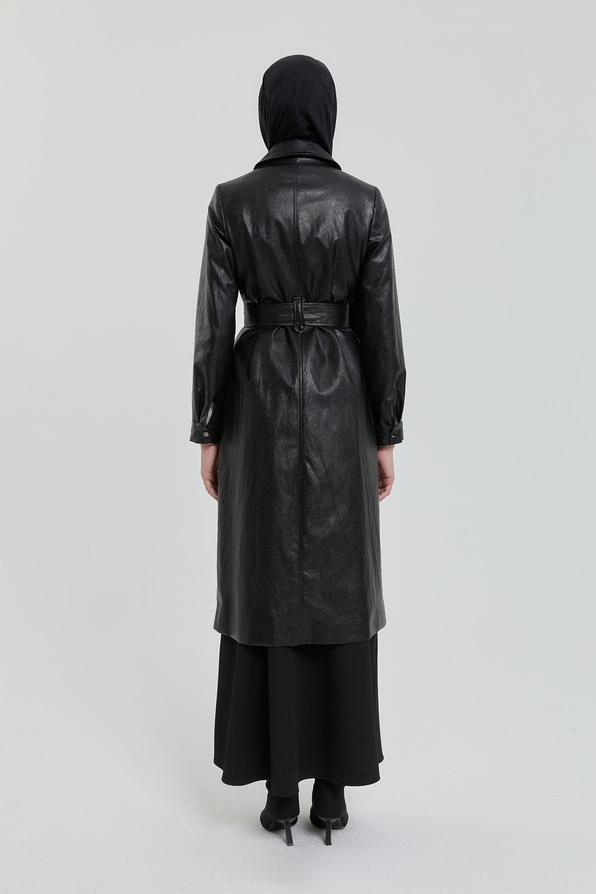 Leather Jacket with Belt Detail and Zipper Closure - Black