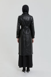 Leather Jacket with Belt Detail and Zipper Closure - Black