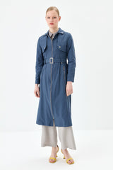 Belt Detail Zip-Up Coat - Navy Blue