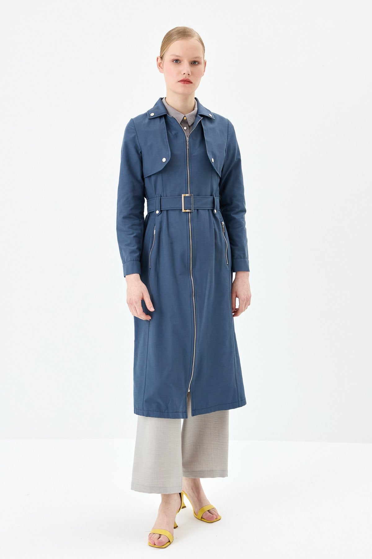 Belt Detail Zip-Up Coat - Navy Blue