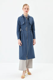 Belt Detail Zip-Up Coat - Navy Blue