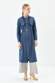 Belt Detail Zip-Up Coat - Navy Blue
