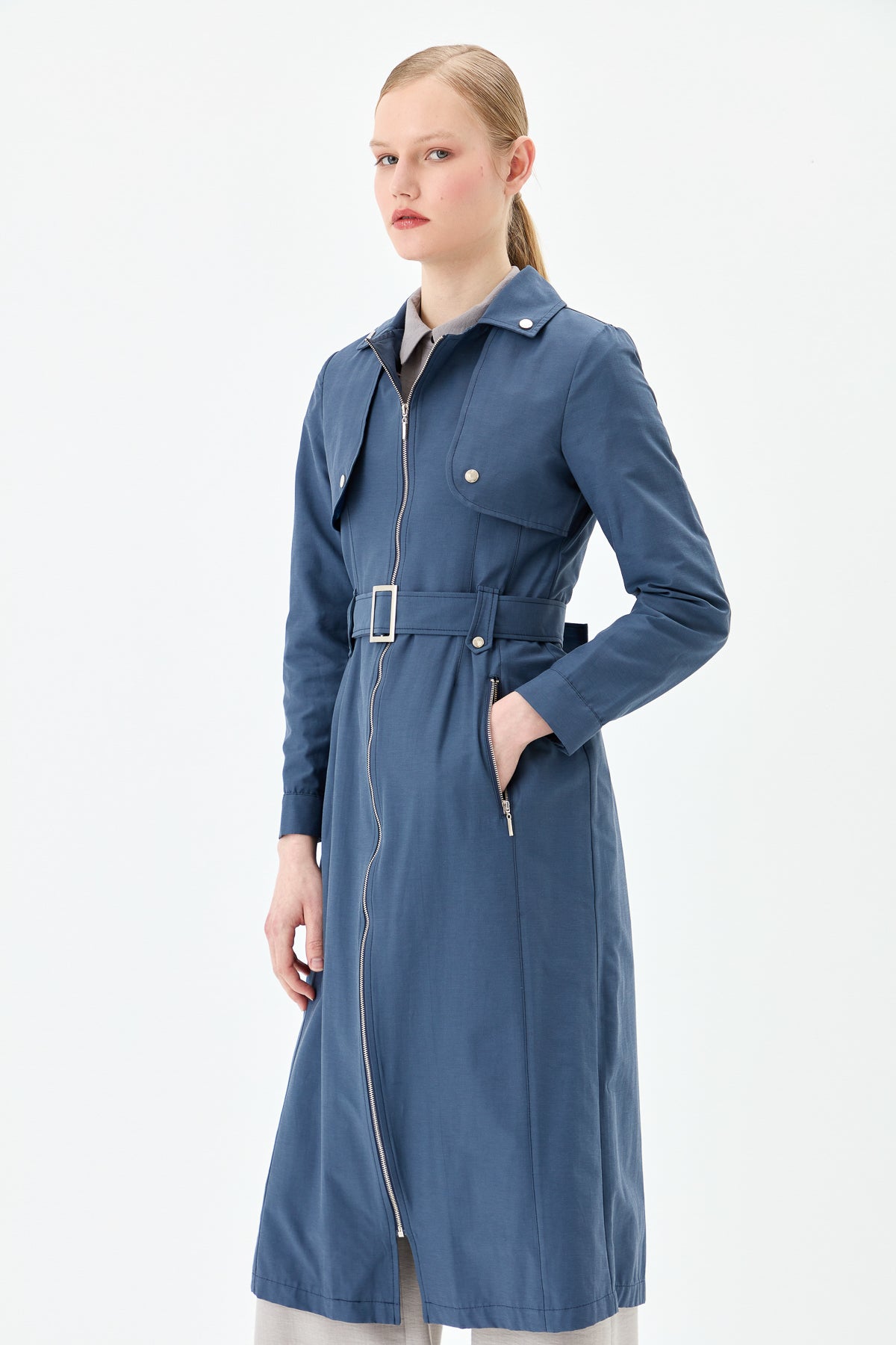 Belt Detail Zip-Up Coat - Navy Blue