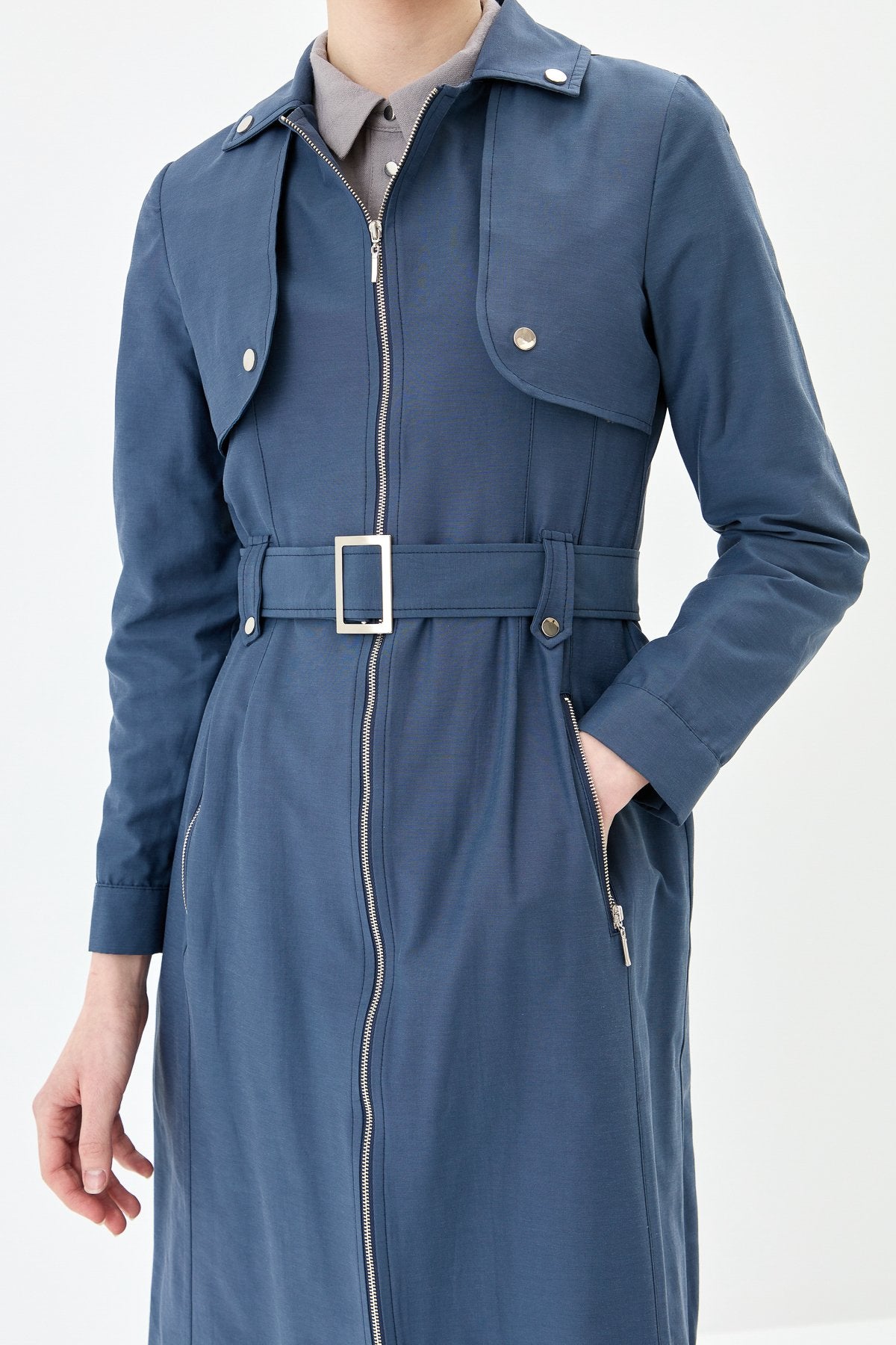 Belt Detail Zip-Up Coat - Navy Blue