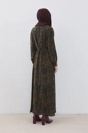 Cupra Dress with Belt Detail and Buttoned Shoulder - Khaki