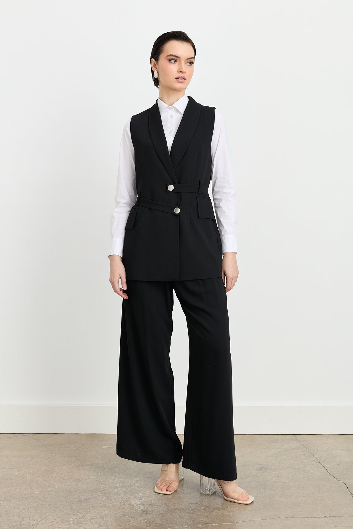 Pants and Vest Set with Belt Detail - Black