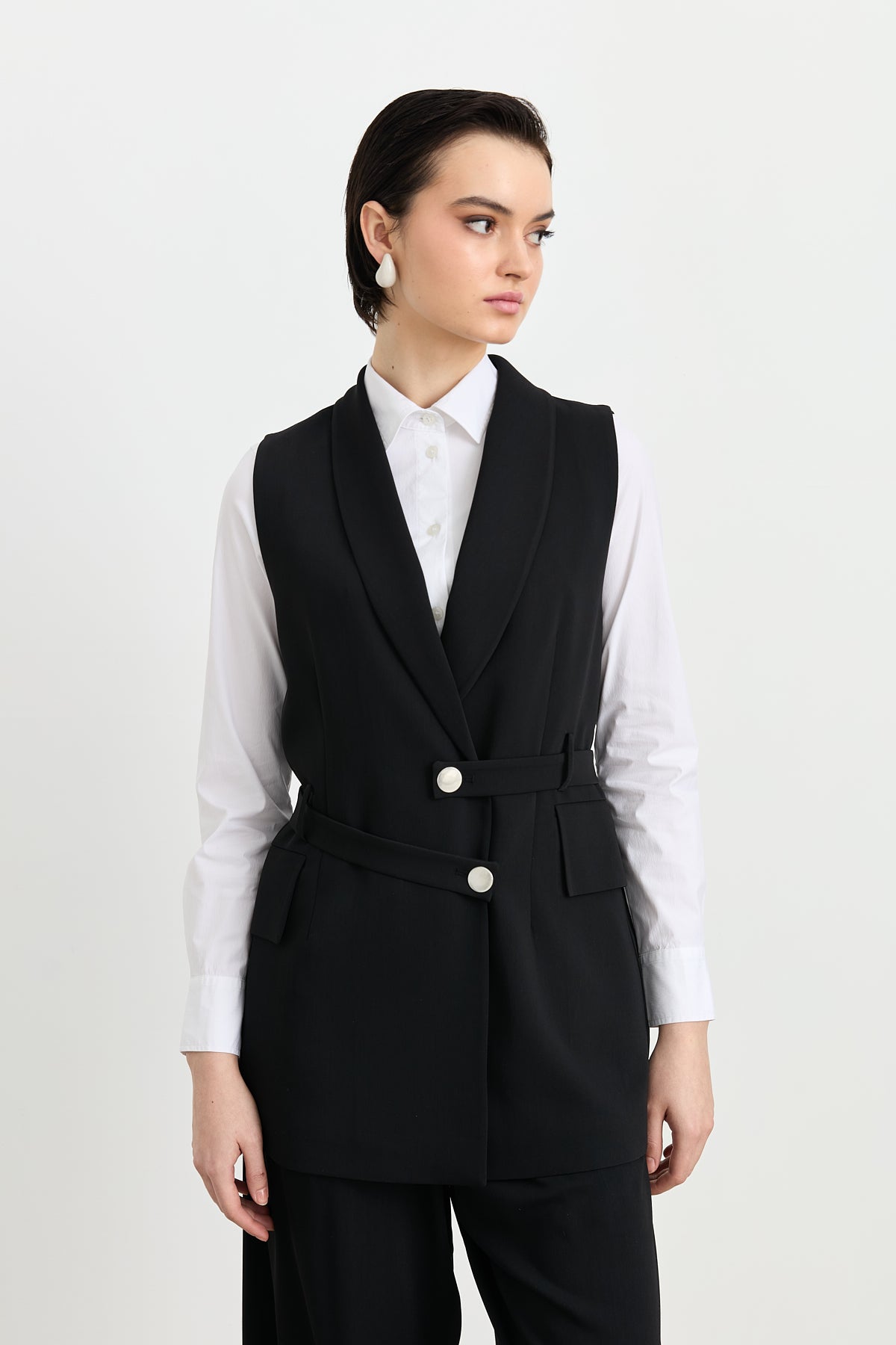 Pants and Vest Set with Belt Detail - Black