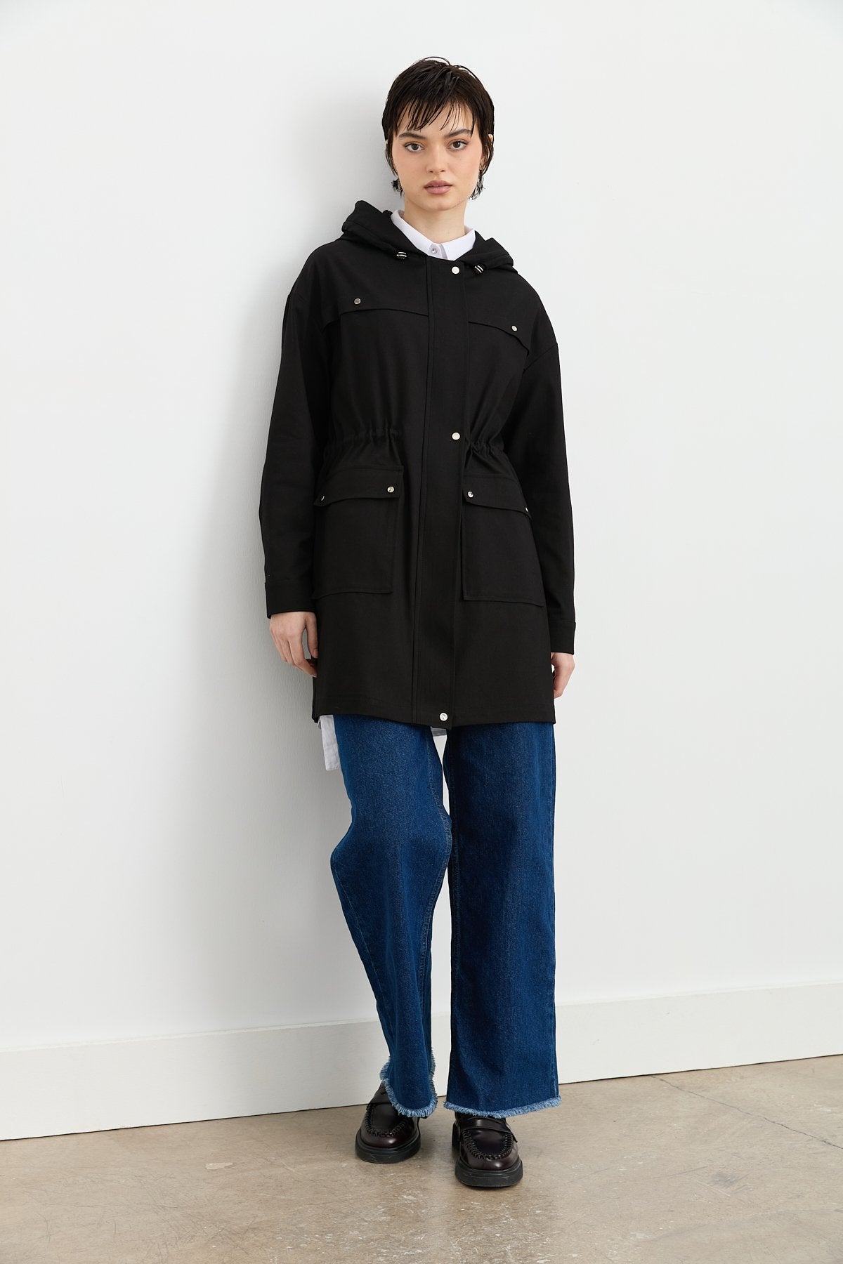 Canvas Denim Jacket with Belt and Accessory Details - Black