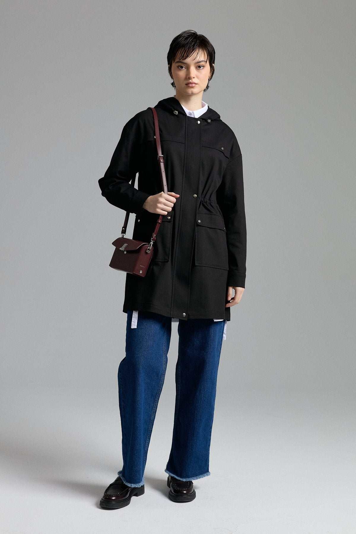 Canvas Denim Jacket with Belt and Accessory Details - Black