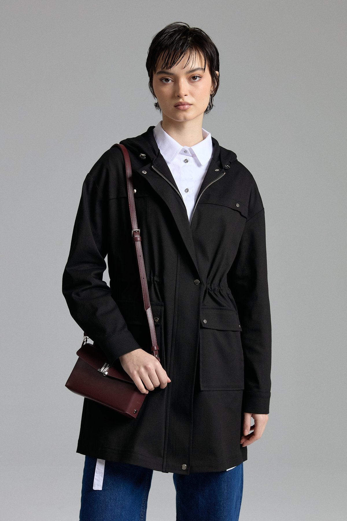 Canvas Denim Jacket with Belt and Accessory Details - Black