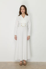 Elegant Dress with Belt and Button Details - Ecru