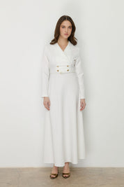 Elegant Dress with Belt and Button Details - Ecru