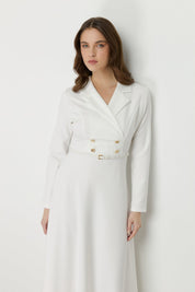 Elegant Dress with Belt and Button Details - Ecru