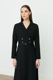 Elegant Dress with Belt and Button Details - Black