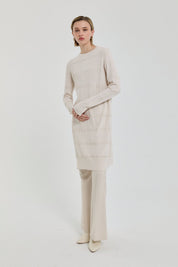 Kendinden Desenli Rayon Triko Tunik - Bej