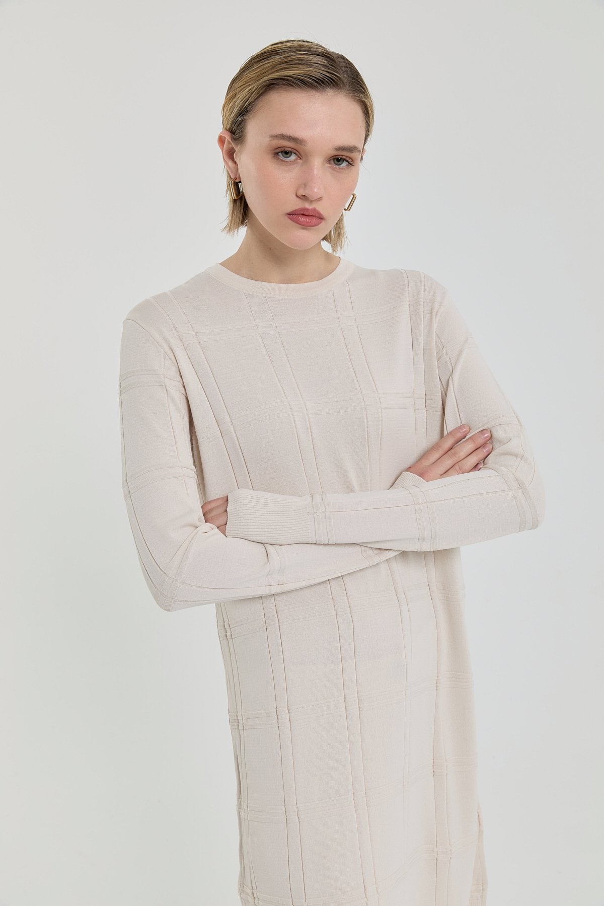 Kendinden Desenli Rayon Triko Tunik - Bej