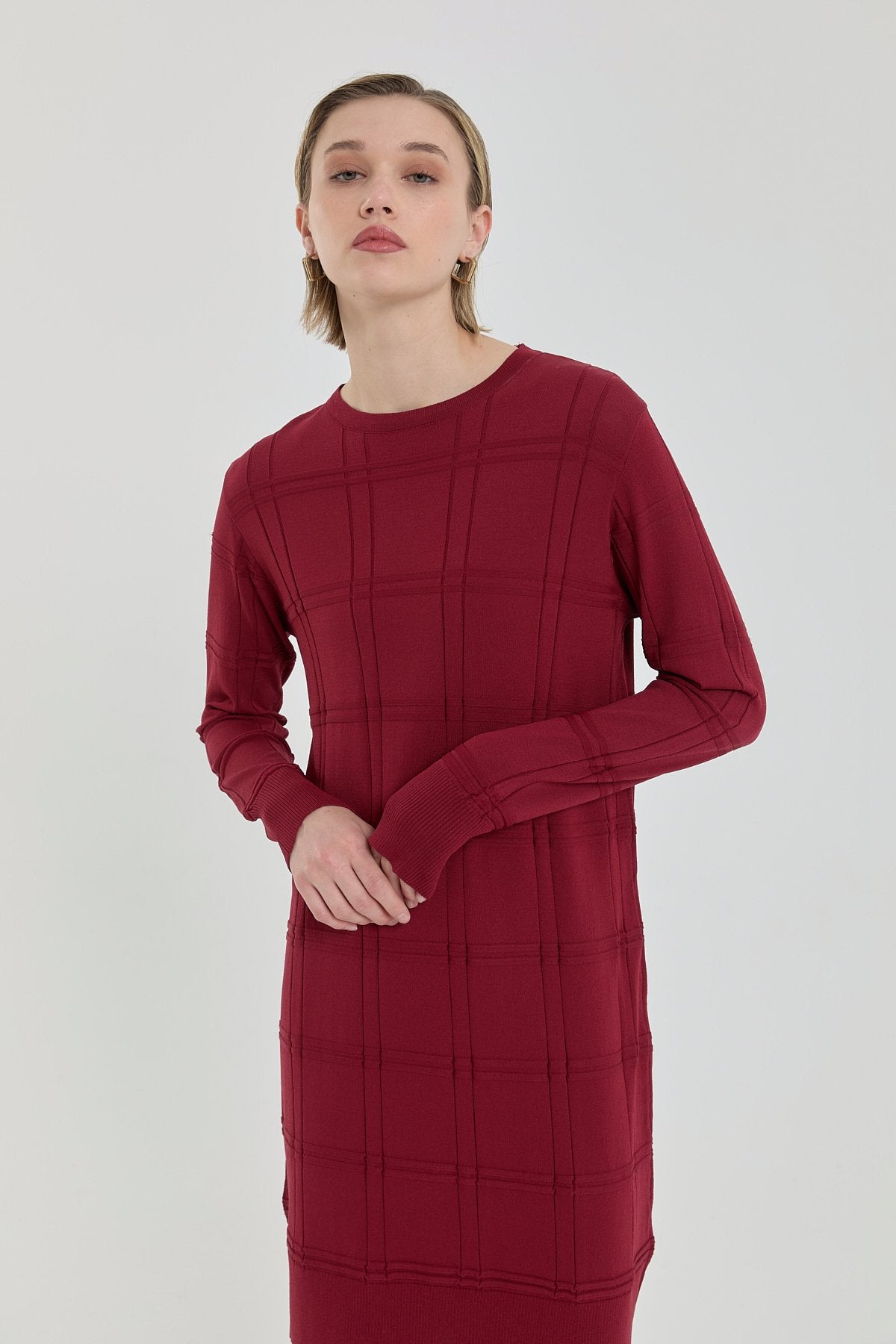 Kendinden Desenli Rayon Triko Tunik - Bordo