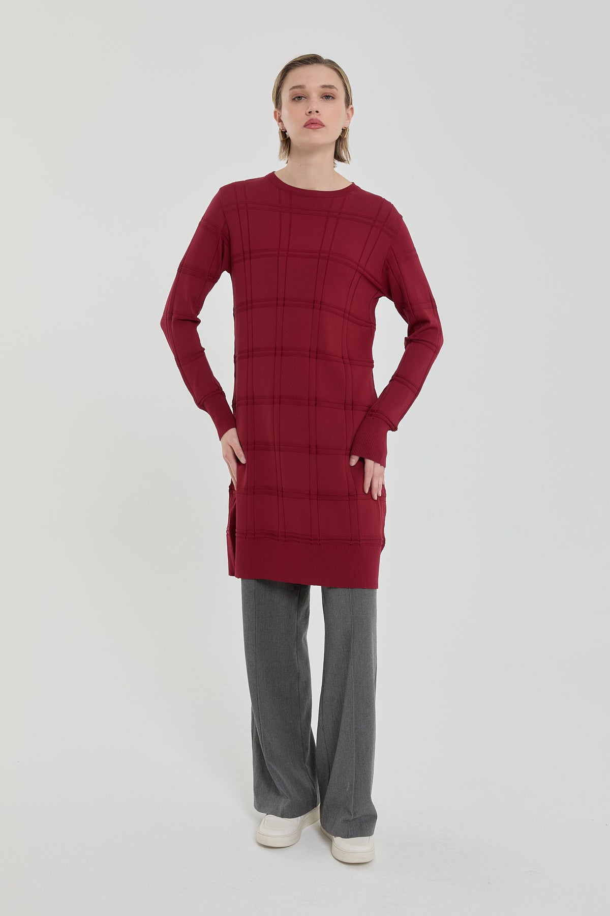 Kendinden Desenli Rayon Triko Tunik - Bordo