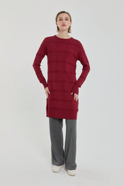 Kendinden Desenli Rayon Triko Tunik - Bordo