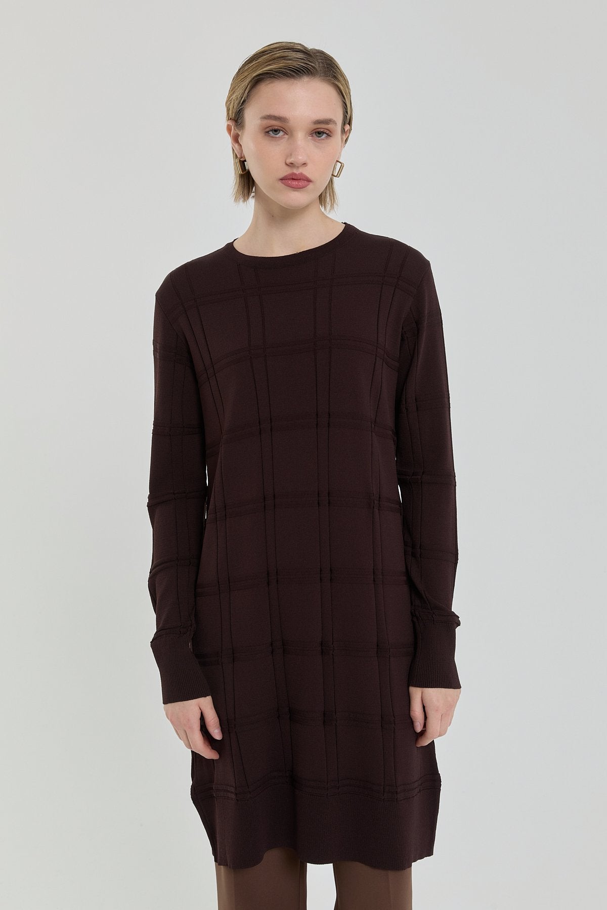 Kendinden Desenli Rayon Triko Tunik - Kahve