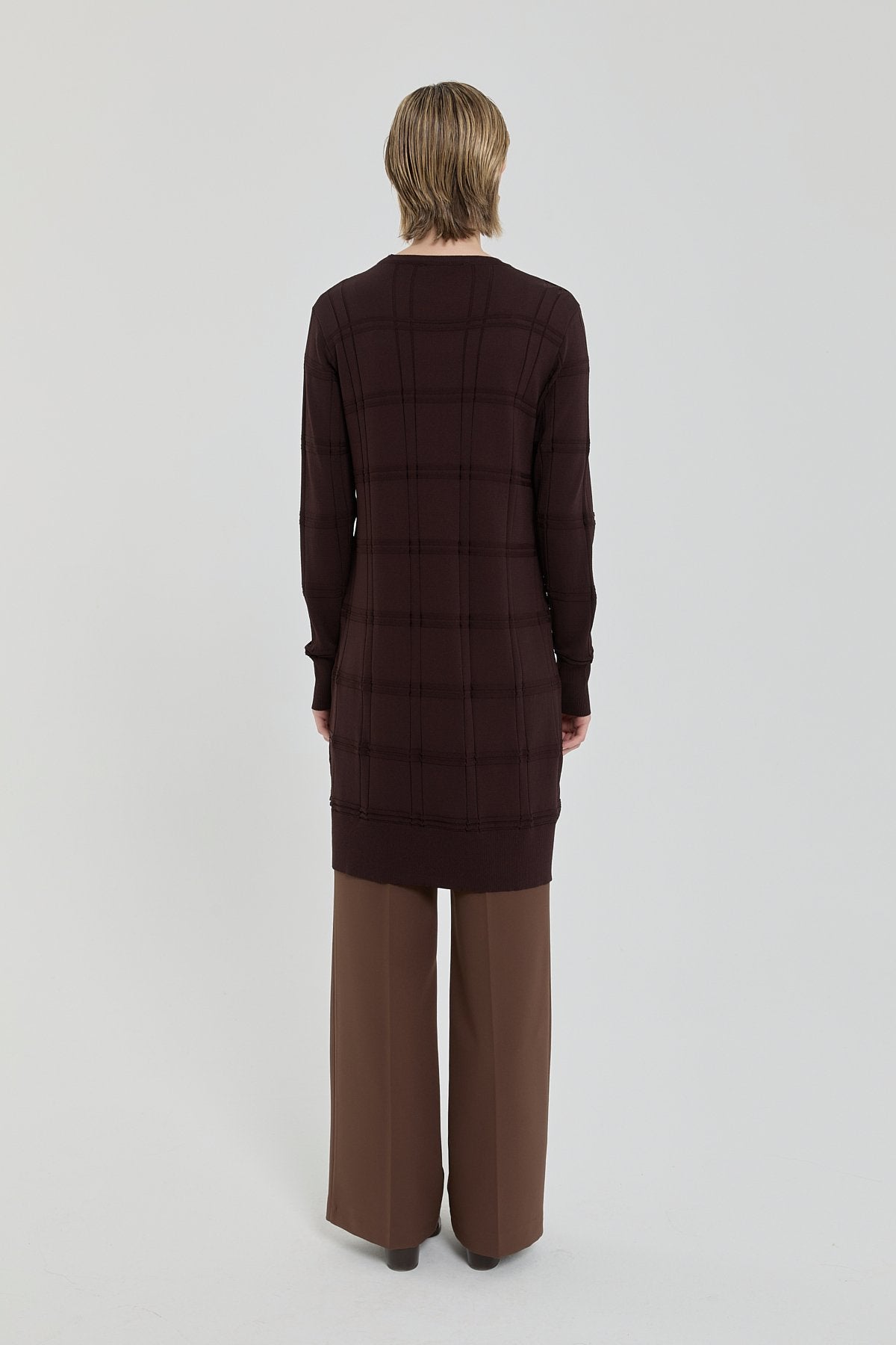 Kendinden Desenli Rayon Triko Tunik - Kahve