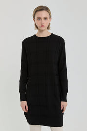 Kendinden Desenli Rayon Triko Tunik - Siyah